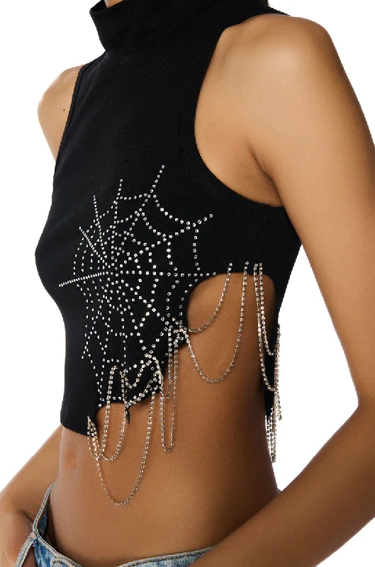 SPIDER WEBS MOCK NECK EMBELLISHED CROPPED TANK