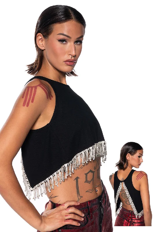 FEVER DREAM RHINESTONE FRINGE OPEN BACK TANK TOP