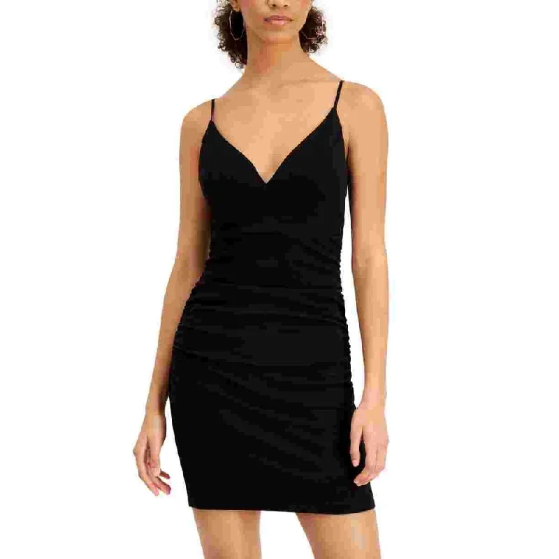 Emerald Sundae Women's Stretch Ruched Deep V Back Spaghetti Strap Sweetheart Neckline Short Party Body Con Dress Black Size XS