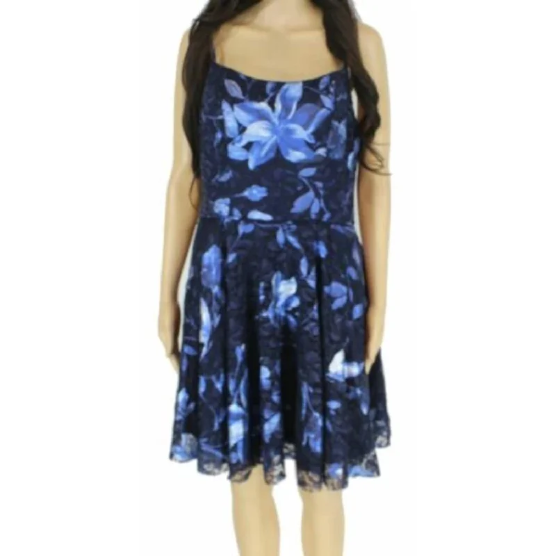 Blondie Nites Women's Zippered Floral Spaghetti Strap Scoop Neck Short Party Fit Flare Dress Blue Size 1