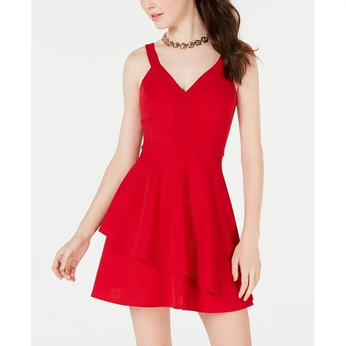 Teeze Me Women's Double Ruffle V Neck Party Dress Red Size 5