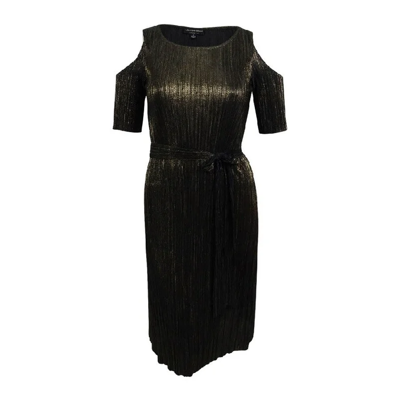 Connected Women's Belted Metallic Crinkled Party Dress