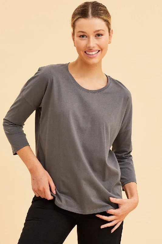 Grey Cotton Top 3/4 Sleeve Drop Shoulder Relaxed Fit