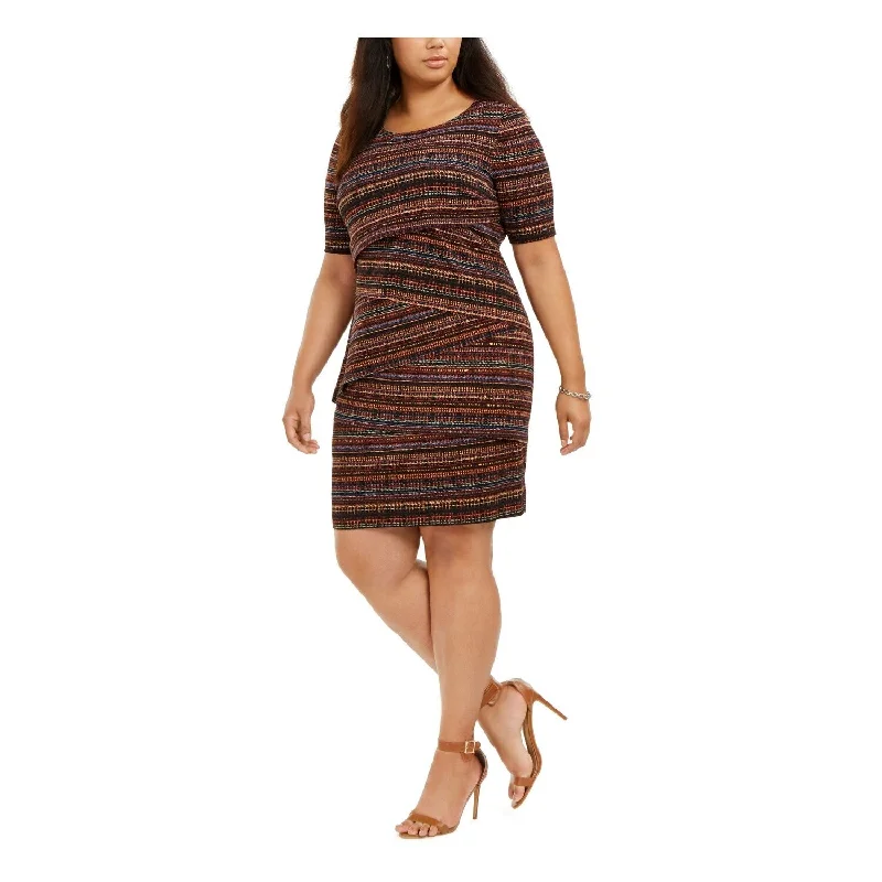 Connected Women's Printed Short Sleeve Jewel Neck Above the Knee Party Sheath Dress Brown Size 14W