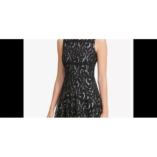 Tommy Hilfiger Women's Silver Printed Sleeveless Jewel Neck Short Fit + Flare Party Dress Black Size Square 18