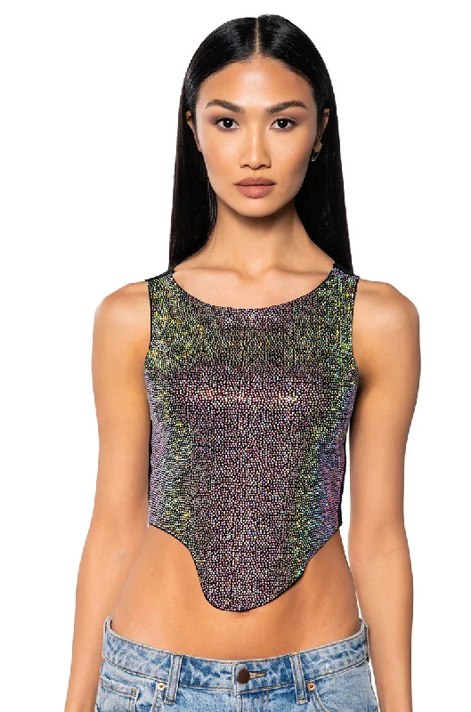 COSMIC ENERGY CROPPED CUT OFF RHINESTONE TANK IN BLACK