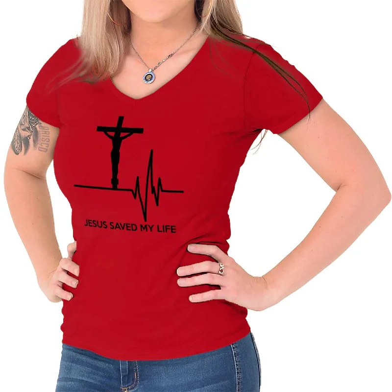 Jesus Saved My Life Junior Fit V-Neck T-Shirt