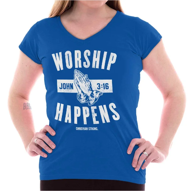 Worship Happens Junior Fit V-Neck T Shirt