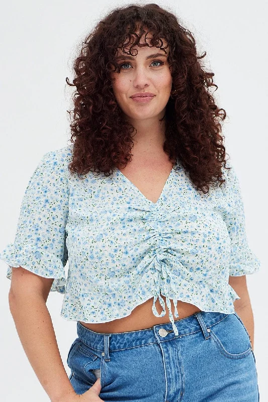 Blue Ditsy Crop Top Short Sleeve Ruched Front