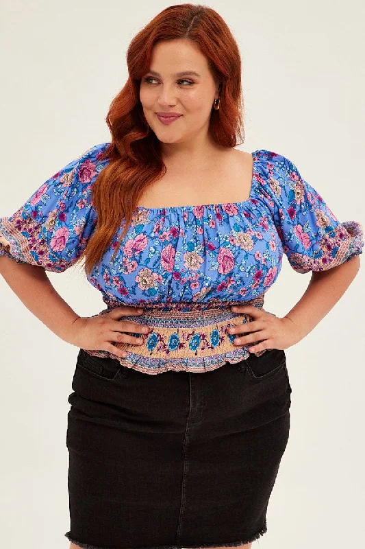 Boho Print Boho Half Puff Sleeve Frilled Hem Shirred Top