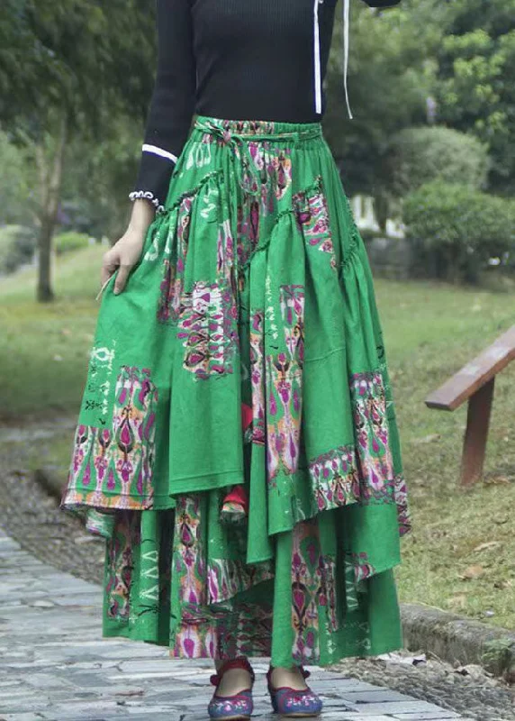 Italian Green Asymmetrical Print Elastic Waist Maxi Skirts Fall