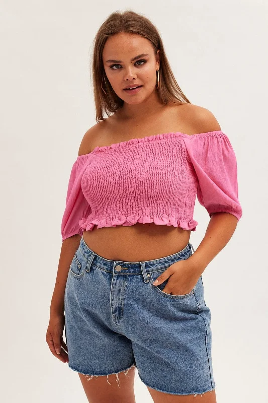 Pink Shirred Short Sleeve Crop Top