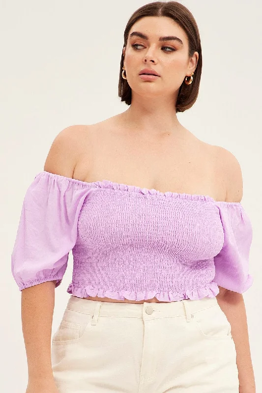 Purple Shirred Short Sleeve Crop Top