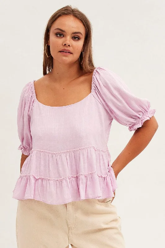 Purple Tiered Top Short Sleeve Relaxed Linen Blend