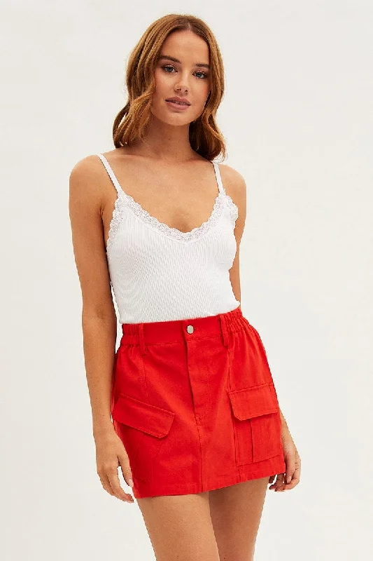 Red Mini Skirt Cargo Cotton Blend