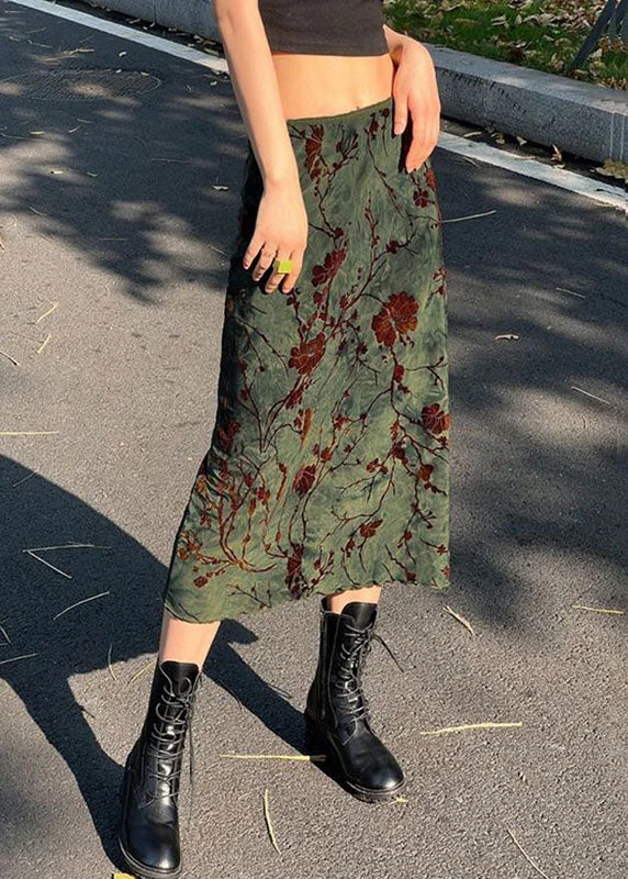 Slim Fit Green Print Patchwork Cotton Straight Skirts Fall