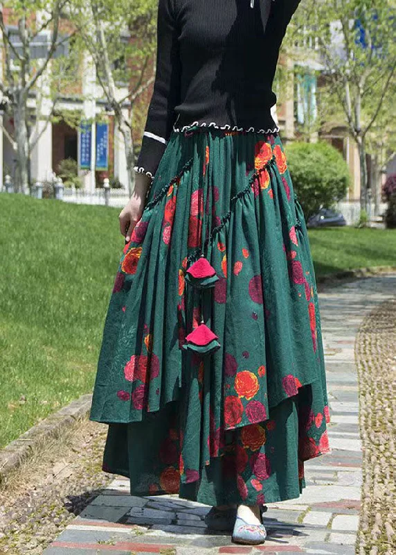 Style Green Asymmetrical Print Elastic Waist A Line Skirt Fall