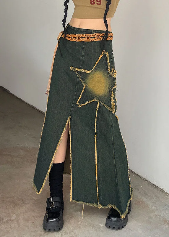 Women Yellow Asymmetrical Open Five-Pointed Star Patchwork Denim Skirt Fall