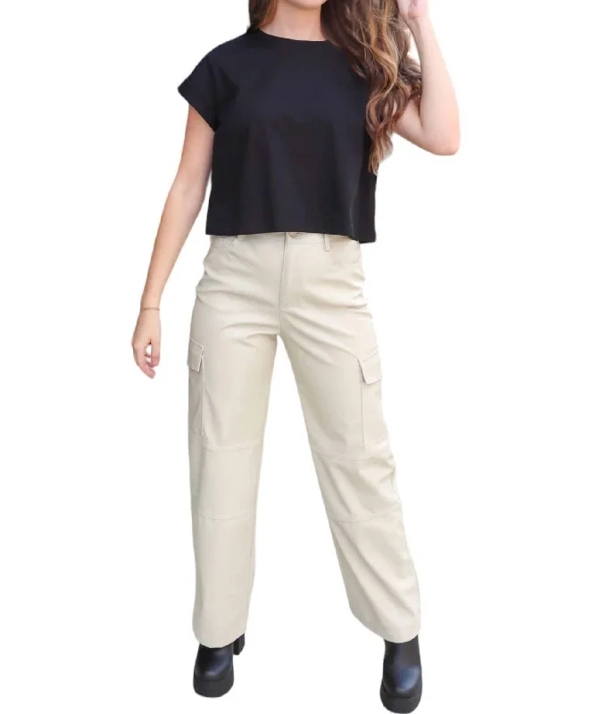 Faux Leather Cargo Pants In Cream