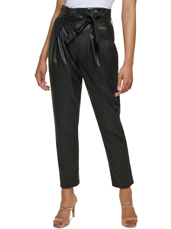 Petites Womens Faux Leather High Waisted Trouser Pants