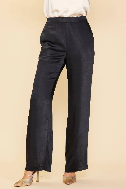 Satin Elastic Waist Straight Leg Pant In Black