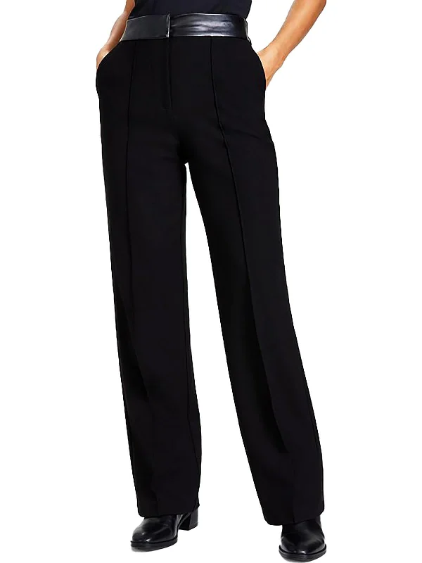 Womens Faux Leather Trim High Rise Straight Leg Pants