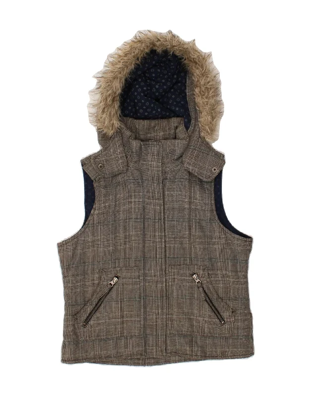 HERITAGE Womens Hooded Gilet UK 14 Medium Grey Check Cotton