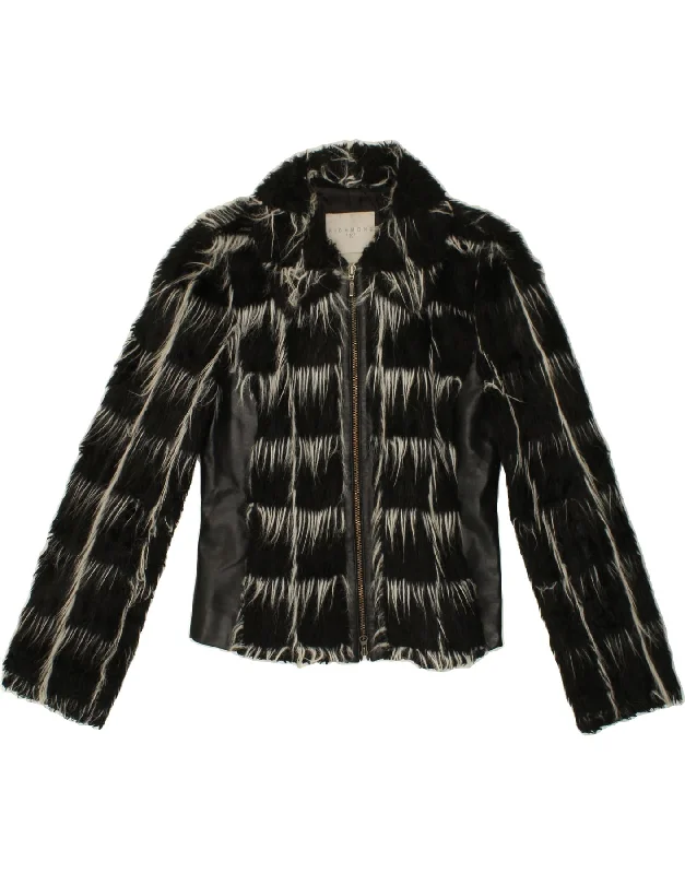 RICHMOND Womens Crop Faux Fur Bomber Jacket UK 10 Small Black Check