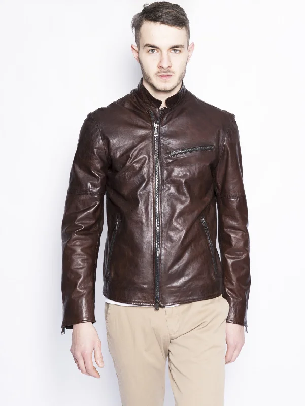 Chiodo in pelle con doppia zip Marrone