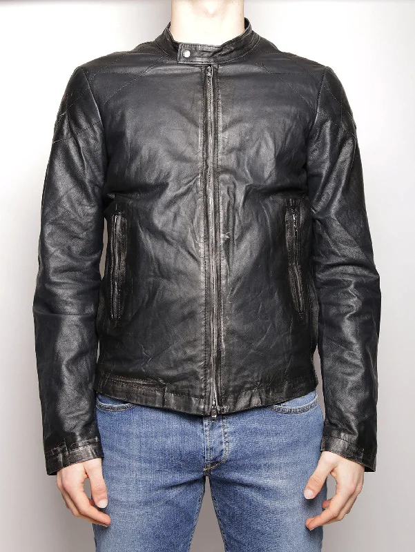 Giacca in pelle stile biker con abrasioni Nero