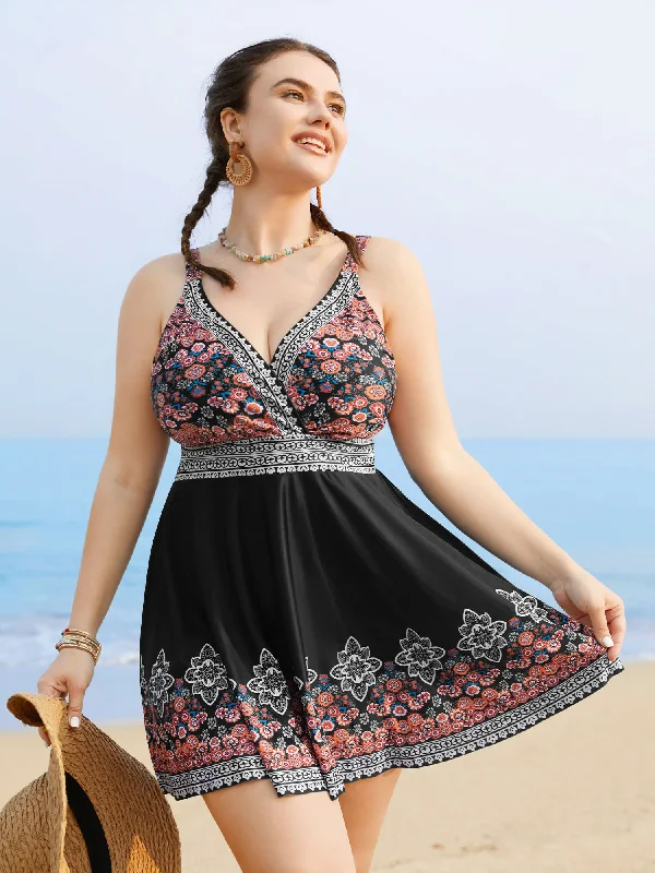 Boho Print Gathered Overlap Collar Swim Dress