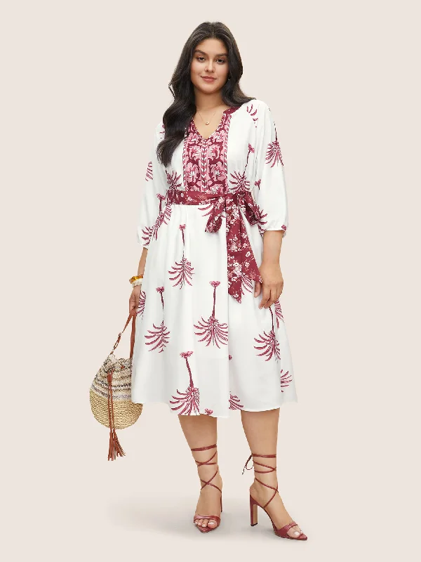 Boho Print Notched Belted Gathered Lantern Sleeve Dress