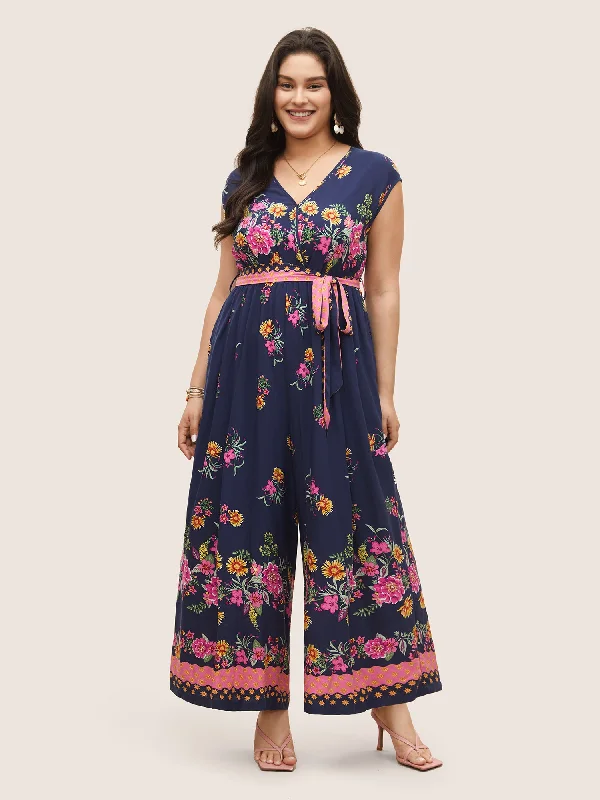 Boho Print Overlap Collar Belted Sleeveless Jumpsuit