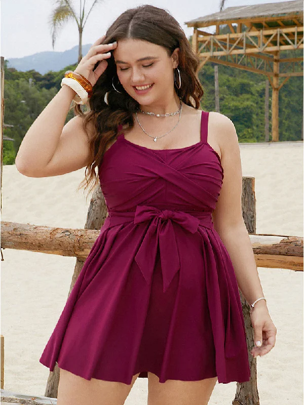 Bowknot Crossover Pleated Detail Swim Dress