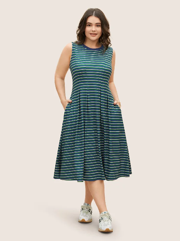 Contrast Striped Pleated Pocket Tank Dress