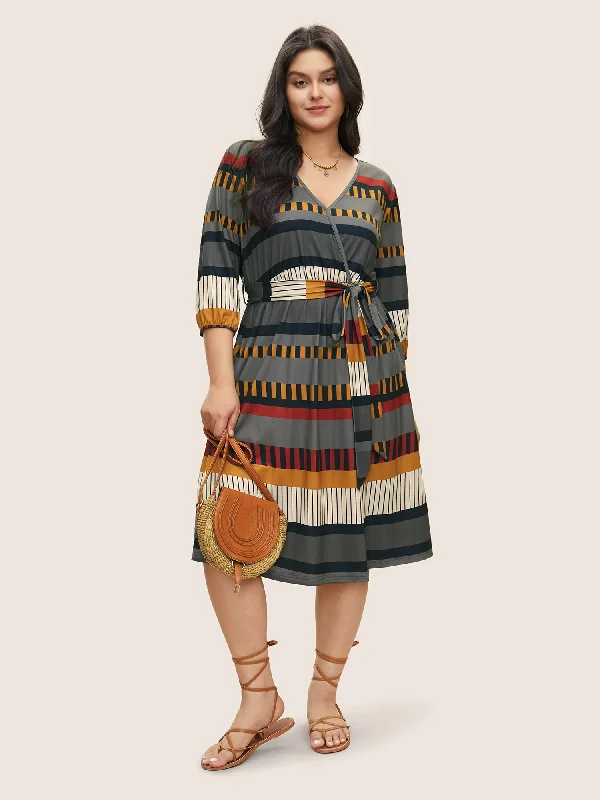 Contrast Striped Wrap Lantern Sleeve Belted Dress