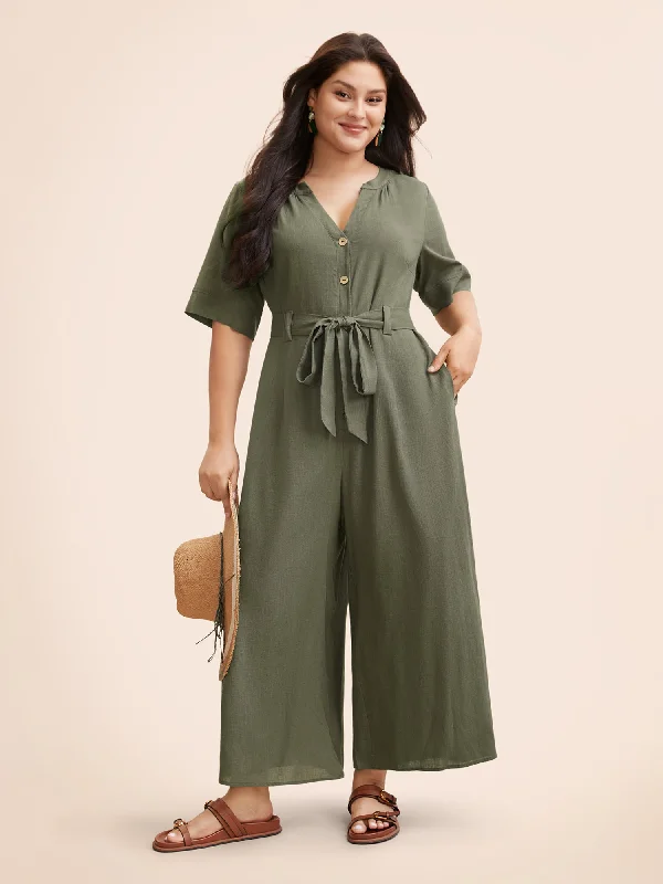 Cotton Linen Button Up Belted Jumpsuit