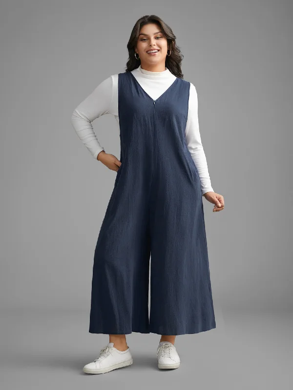 Cotton Solid V Neck Loose Jumpsuit