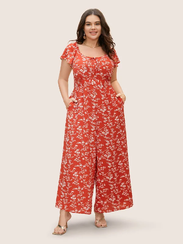 Crew Neck Ditsy Floral Tie Knot Jumpsuit