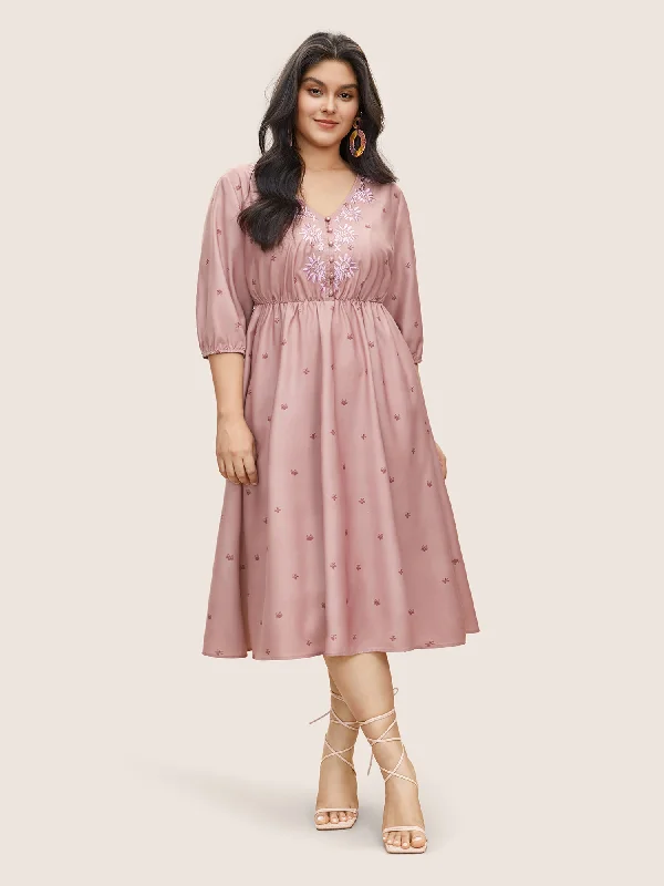 Floral Embroidered Button Up Lantern Sleeve Dress