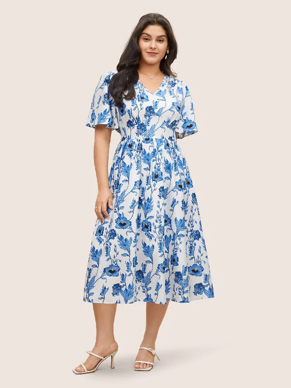 Floral Pocket Shirred Elastic Waist Dress