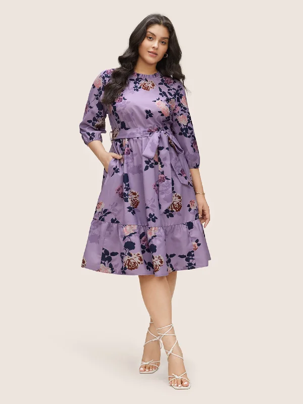 Floral Print Belted Pocket Frill Trim Dress