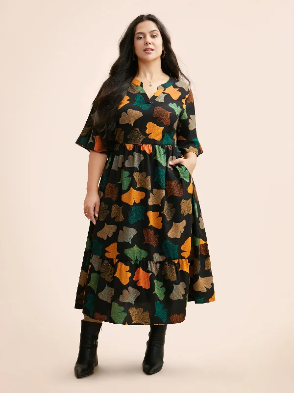 Floral Print Notched Ruffle Sleeve Dress