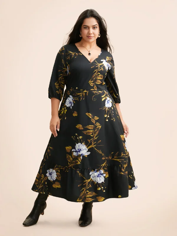 Floral Print V Neck Lantern Sleeve Dress