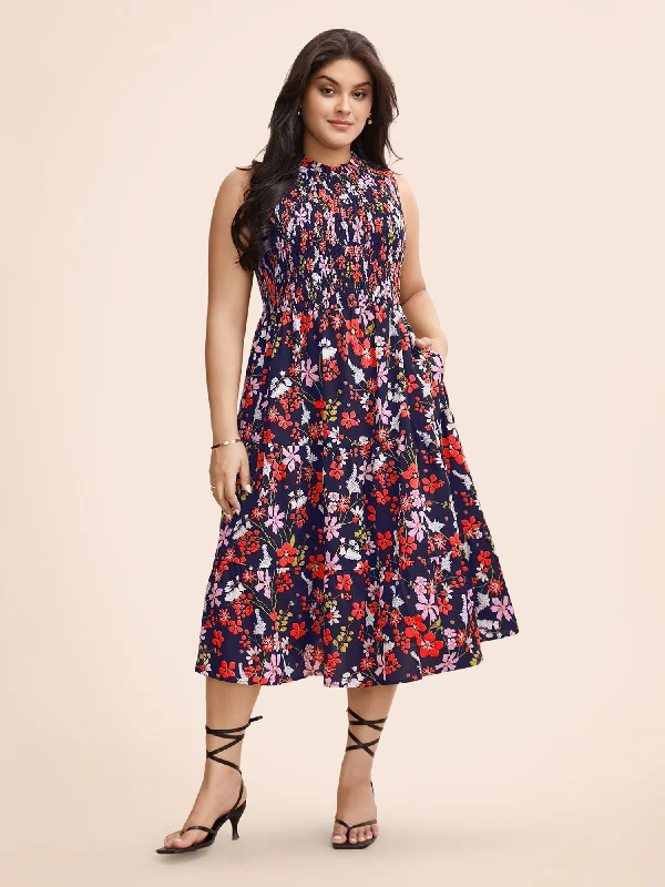 Floral Shirred Mock Neck Cut Out Pocket Ruffle Hem Dress