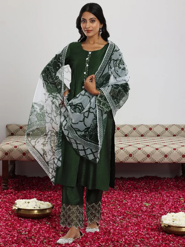 Green Solid Silk Blend Straight Suit With Dupatta