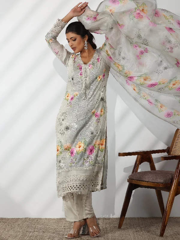 Grey Printed Silk Blend Straight Suit With Dupatta