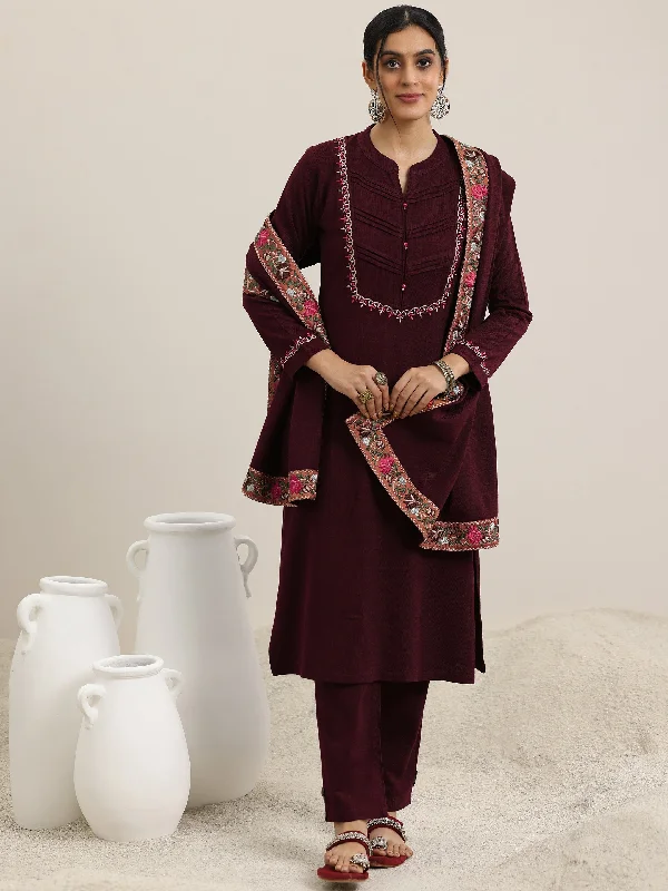 Maroon Yoke Design Wool Blend Straight Suit With Dupatta