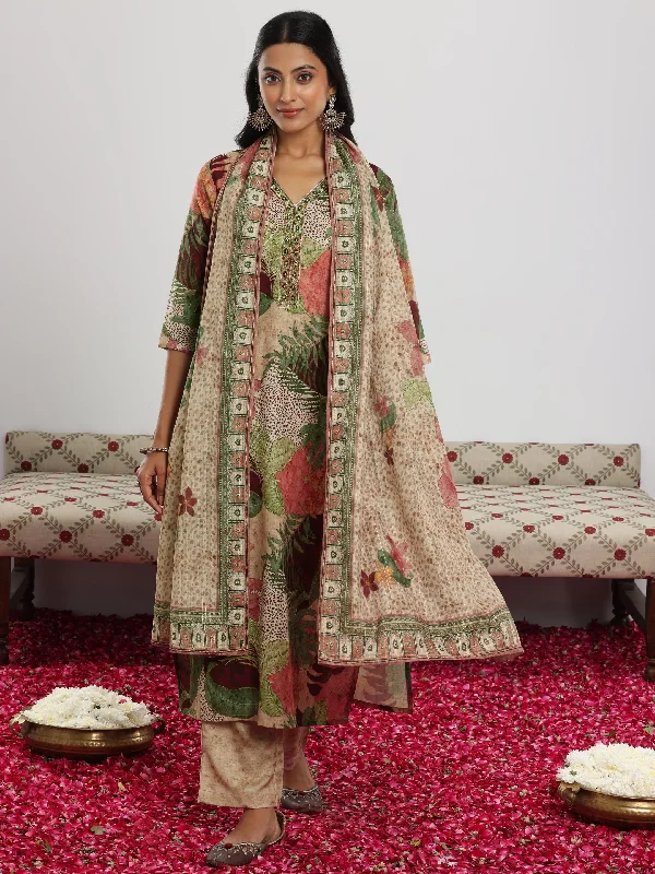 Multi Printed Linen Straight Suit With Dupatta