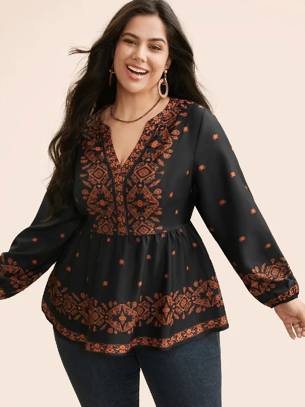 Notched Boho Print Gathered Blouse